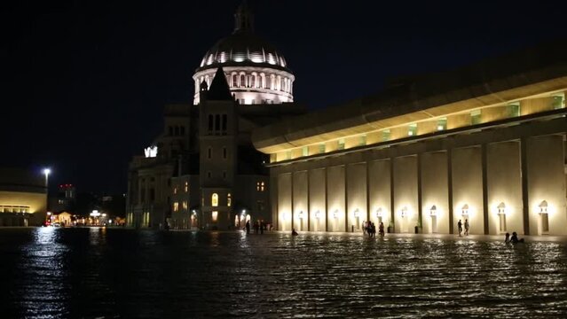 First Church of Christ, Scientist and pond at night in Boston