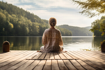 Meditation in a serene wooden pier setting at sunrise offering a moment of mindfulness by the calm lake. Ideal for wellness and relaxation. AI generative.