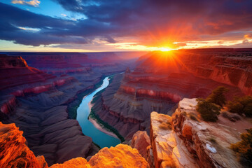 A panoramic view of the Grand Canyon during a vibrant sunset showcasing the AI-enhanced beauty of this natural wonder. AI generative.