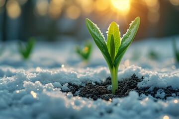 The first sprouts of new life in spring, snowdrop growing in the snow, green plant leaves in springtime, seed germination, sunlight