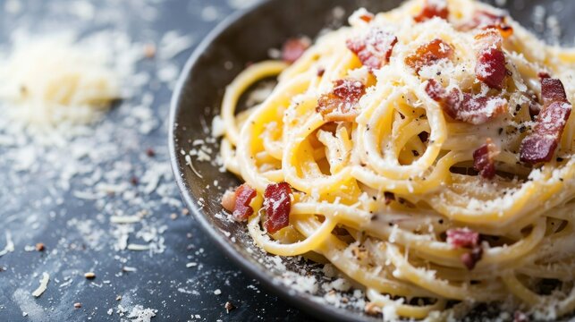  a plate of pasta with bacon and parmesan sprinkles on a black plate on a gray surface with sprinkles of parmesan.