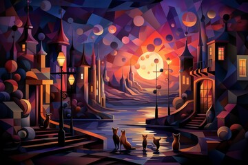 Obraz premium Playful twilight foxes, dancing under the fading light of the setting sun - Generative AI