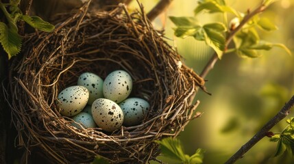  a bird's nest with four eggs in it on a tree branch in front of a blurry background of a leafy branch and green leafy tree.