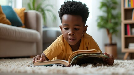 A black kid reading a book on the floor - Powered by Adobe