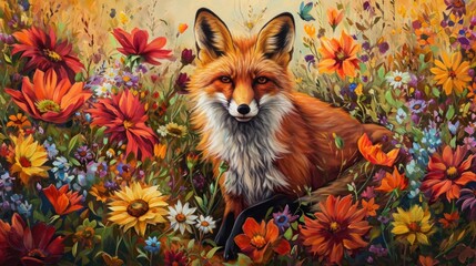  a painting of a fox in a field of wildflowers with a butterfly flying over the top of the fox and the flowers on the bottom of the picture.