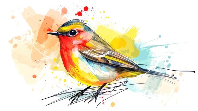  a bird sitting on top of a branch with watercolor paint splatters on it's back and a yellow, red, orange, blue, yellow, and black, and white background.