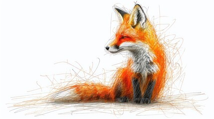  a drawing of a fox sitting on the ground with its head turned to look like it's looking at something out of the distance in the distance, on a white background.