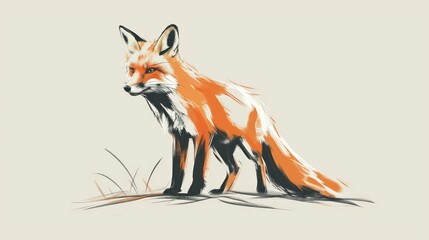 Obraz premium a drawing of a fox sitting on top of a grass covered field next to a field of tall grass with a light brown sky behind it and a white background.