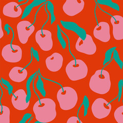 Contemporary fruits seamless pattern. Abstract pink cherry on red background. Abstract organic floral print with berry and leaves. Vector modern botanical wallpaper, wrapping paper, textile design - 714578597