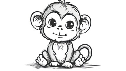  a black and white drawing of a monkey with big eyes and a bow tie around its neck, sitting in front of a white background and looking at the viewer.