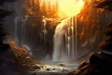 Fototapeta na wymiar A radiant sun shines on a majestic waterfall with cascading water. Generative AI