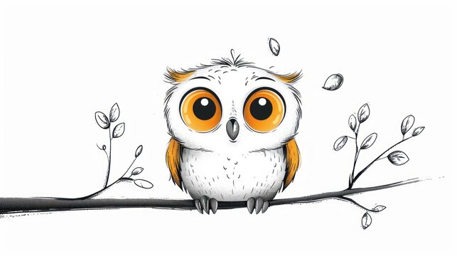  a drawing of an owl sitting on top of a tree branch with leaves around it's eyes and a branch with leaves on it's branches, with leaves, and a white background.