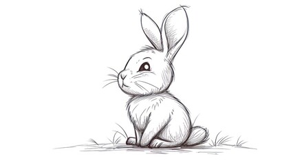  a black and white drawing of a rabbit sitting on the ground with a sad look on it's face as if he's looking at something in the distance.