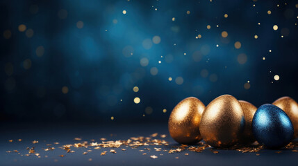 Festive Easter eggs with golden glitter on a dark blue background, celebrating the holiday.