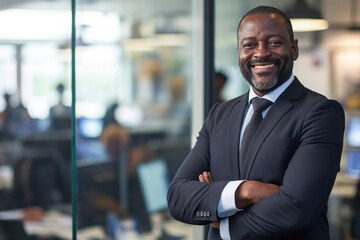 Confident portrait middle aged african businessman smilling in a suit in the office