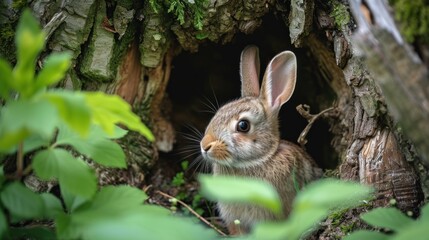 Fototapeta premium a close up of a rabbit in a hole in the ground with trees in the background and grass in the foreground, with leaves in the foreground, and in the foreground, a.