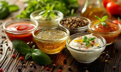 A salad dressing set in glass bowls: vinaigrette sauce, mayonnaise or ranch, balsamic or soy, basil with yogurt