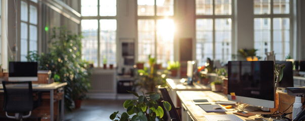 Isolated creative office area with windows, without people, back button focus