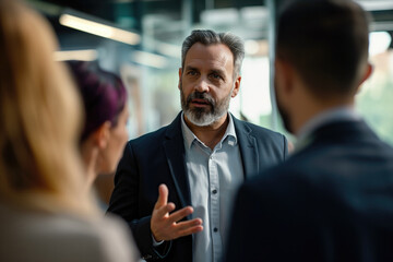 Bearded businessman in formal suit gesticulating and talking with focused peoples while standing in office during work time
