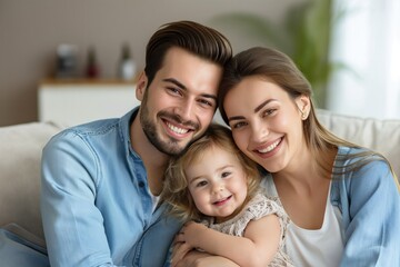 Fototapeta premium happy young couple with little girl smiling at home