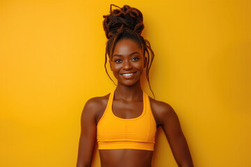African athletic attractive smilling woman isolated in front on a bright yellow background