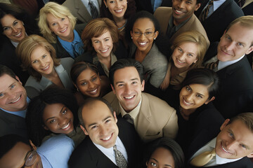 Fototapeta premium Top view high angle shot from above group portrait of businesspeople standing together, looking up at camera and smiling