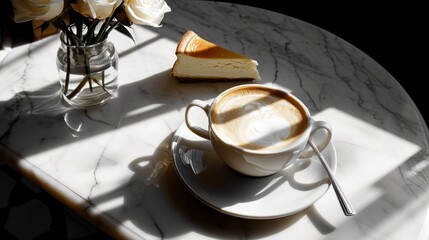  a cup of cappuccino and a slice of cake on a marble table with a vase of white roses and a vase of white roses in the background.