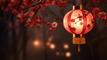 Elegant red Chinese lantern adorned with blossoms hanging in a festive outdoor setting.