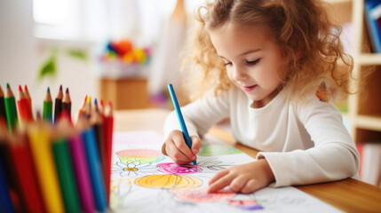 Adorable child coloring a picture with vibrant markers at a wooden table in a kindergarten...