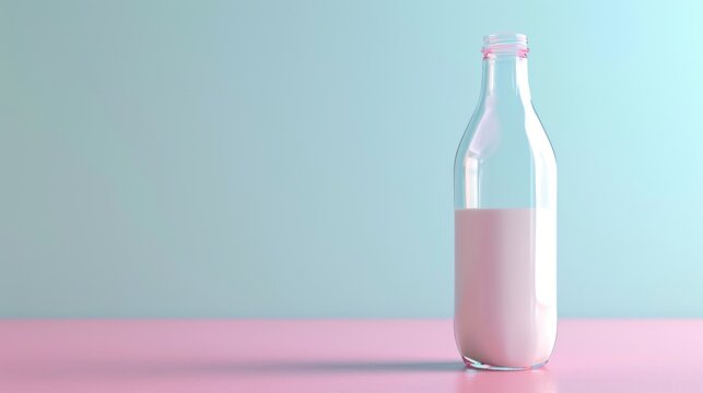  a bottle of milk sitting on top of a table next to a glass of milk on a pink tablecloth with a blue and green wall in the background behind.