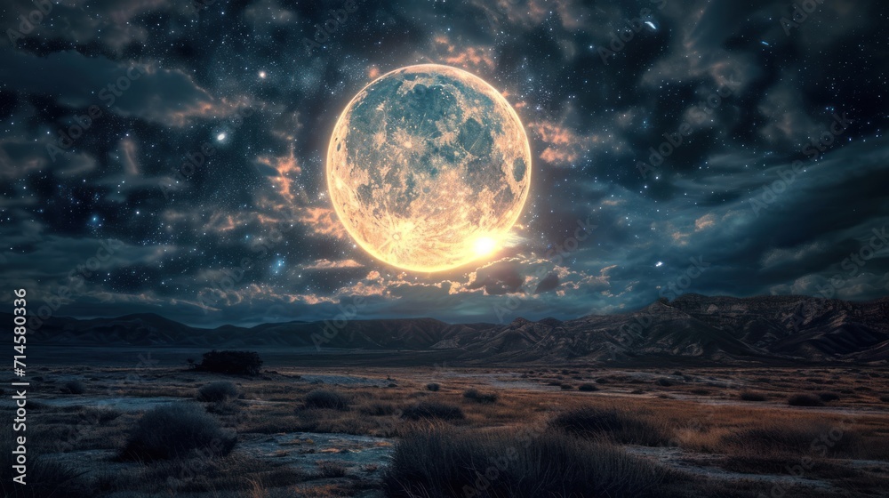 Wall mural a picture of a full moon in the night sky with clouds and mountains in the foreground, and a lone tr