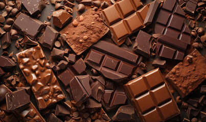 Broken differents type of chocolate bar texture background.