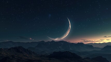 Obraz na płótnie Canvas a crescent in the night sky above a mountain range with a crescent in the foreground and a star in the sky above a mountain range with a crescent in the foreground.