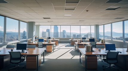 the best place to get work done – an empty office at work, desks neatly arranged, ergonomic...