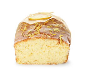 Wrapped tasty lemon cake with glaze isolated on white