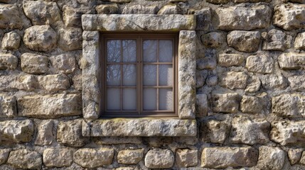 Fototapeta na wymiar a stone wall with a window and bars in the middle of the window and a tree in the window sill in the middle of the window of the wall.