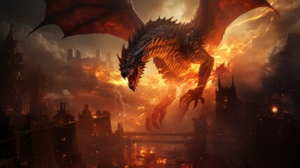 Mad dragon destroying the world. Angry reptile with a growl attacking a medieval city. Fictional scary character attacking a castle. Brutal dragon causes chaos and devastation on a flame background. - obrazy, fototapety, plakaty