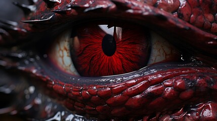 Macro shot of monster eye. Closeup picture of scaled dragon eye. Staring lizard pupil. 3D render of scary demon eyes. - obrazy, fototapety, plakaty