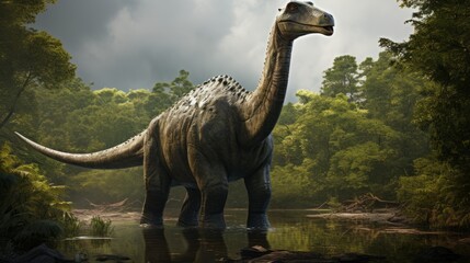 Big prehistoric Dinosaur standing in the jungle, 3D render. Concept art of a Brontosaurus dinosaurwalking in a forest, on a bright day. Tall ancient monster in the woods. Diplodocus realistic render.