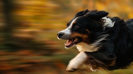  a close up of a dog running in a field with trees in the background and a blurry image of a dog in the foreground with its mouth open mouth.