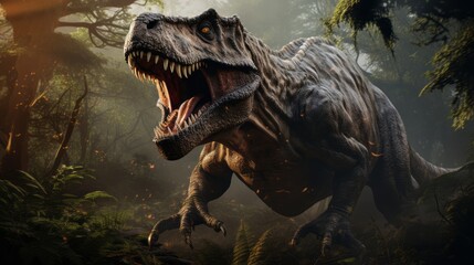 Tyrannosaurus rex roaring in the woods. Hunting angry T-Rex with a growl. Concept art of a mad ancient scary reptile in the forest. T-Rex causes chaos in the woods. 3D render of an angry dinosaur.