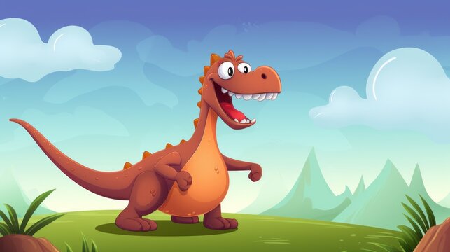 Cartoon tyrannosaurus rex dinosaur in a jungle, illustration for children. Vector illustration of a Cartoon happy dinosaur standing in the jungle. Smiling colorful dinosaur childish art.