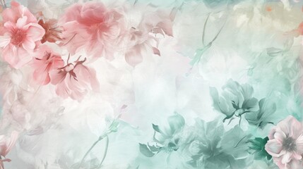  a painting of pink and green flowers on a white and blue background with a pink border in the middle of the picture and a blue border in the middle of the picture.