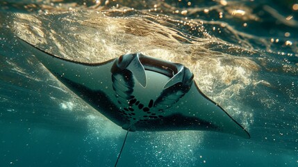 A majestic manta ray gliding through the open ocean, captured from below, its enormous wingspan and graceful movement against the sunlight creating a sense of underwater elegance. - obrazy, fototapety, plakaty