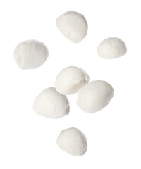 Fototapeta na wymiar Fresh mozzarella balls falling on white background