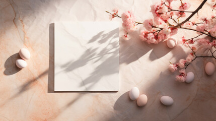 Soft morning light casting shadows on Easter eggs and delicate cherry blossoms against a marble backdrop.