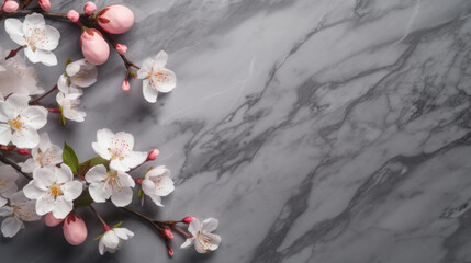 Elegant Easter composition with pink eggs and white cherry blossoms on a grey marble background.