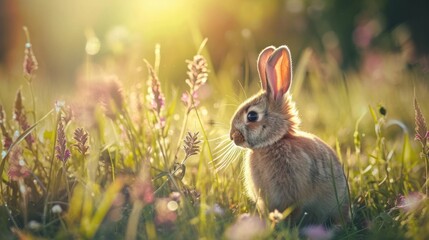  a rabbit sitting in a field of grass with the sun shining on it's back and its ears hanging over the top of the rabbit's head, looking at the camera.