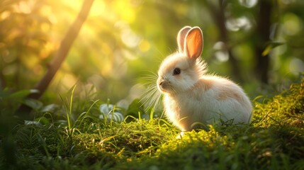 Fototapeta premium a white rabbit sitting on top of a lush green grass covered forest covered in lots of bright sun shining down on it's face and backroundg.