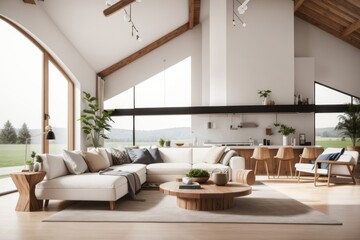 farmhouse interior home design of modern living room with white sofa and furniture with large window